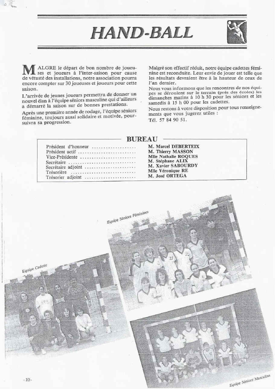 Page Hand-ball du bulletin municipal, saison 1993-1994