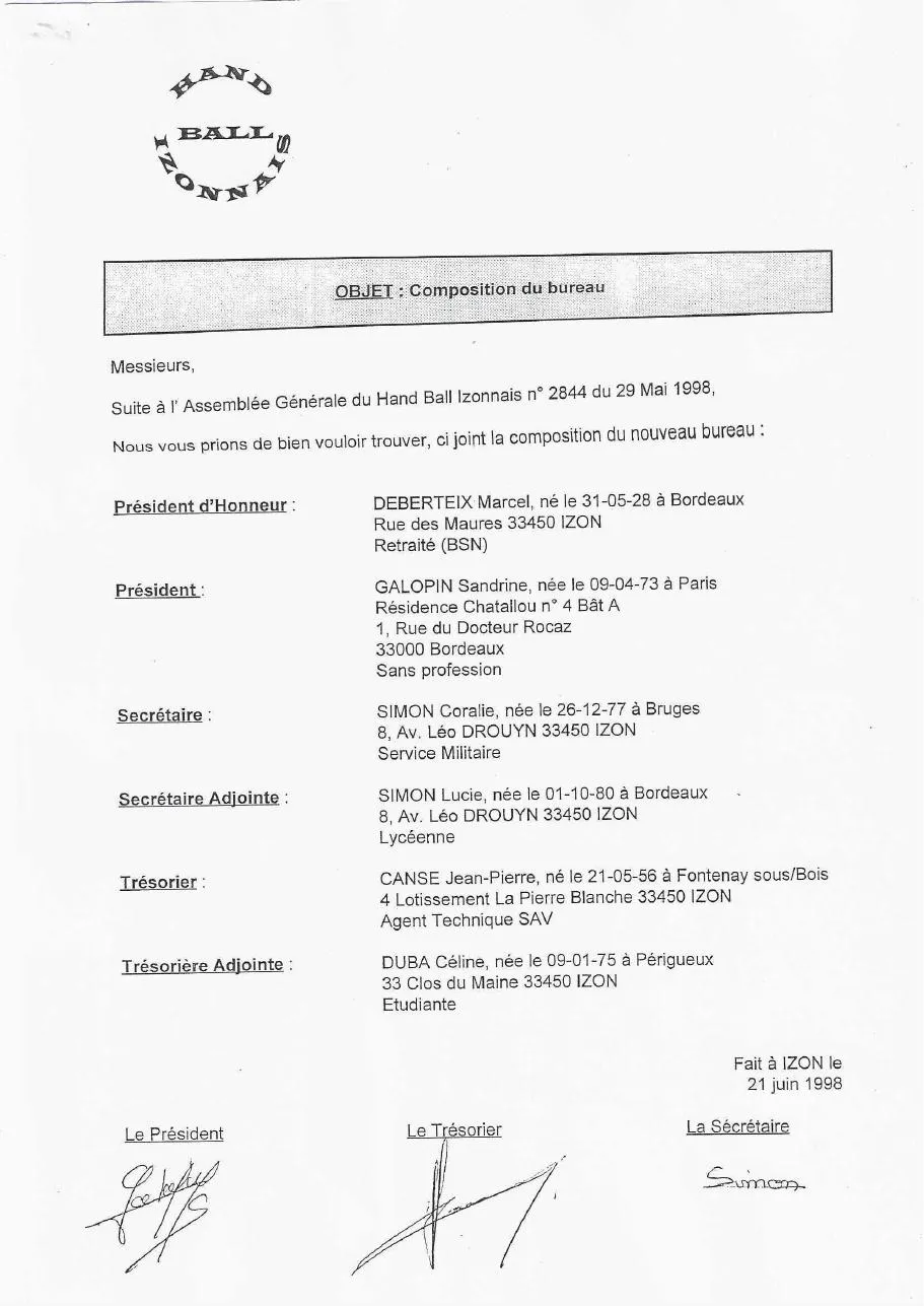 Composition du bureau, 21 juin 1998, sous l'ancien logo Hand-Ball Izonnais